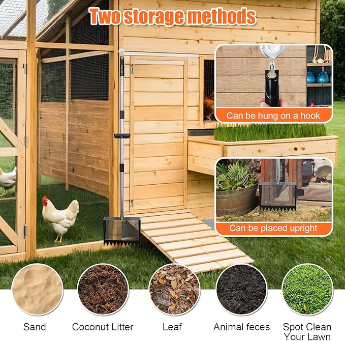 Chicken Poop Scooper and Rake with Ergonomic Handle, 2 in 1 Large Metal Chicken Coop Scoop for Poop with Adjustable Stainless Steel Pole, Sand Sifting Shovel for Chicken Coop Accessories