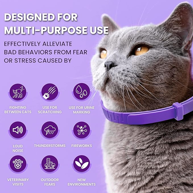 Calming Collar for Cats: Pheromone-Infused Behavior Support, Long-Lasting 30-Day Effect, Adjustable & Waterproof, 4-Pack (Purple)
