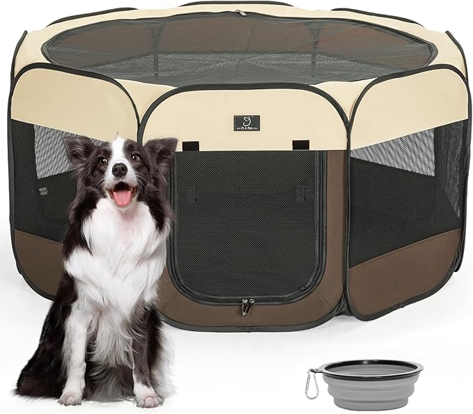 A4Pet Dog Playpen Indoor, 49” Pet Playpen with Bowl for Dogs, Kittens, and Small Animals, Removable Zipper & Mesh Panel(19”W × 12”H)