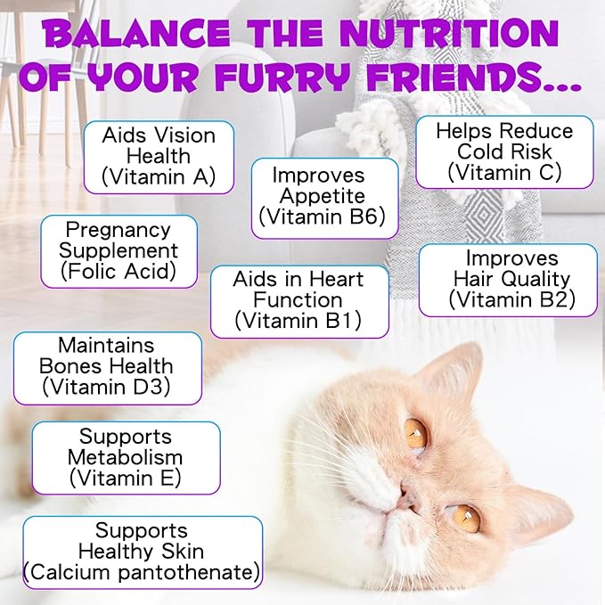 15-in-1 Multivitamin Drops for Cats - Immune Support, Skin & Coat Health, Digestion, Joint Care - with Vitamins A, B, C, D, E - Liquid Supplement for All Life Stages, Easy to Use, 2 fl.oz