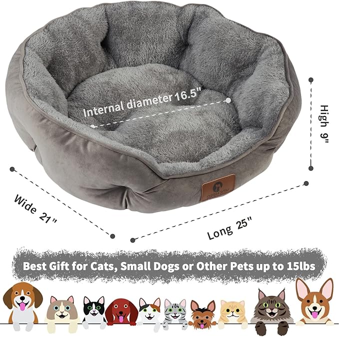 Asvin Medium Dog Bed for Medium Dogs, Cat Beds for Indoor Cats, Pet Bed for Puppy and Kitty, Extra Soft & Machine Washable with Anti-Slip & Water-Resistant Oxford Bottom, Grey, 25 inches
