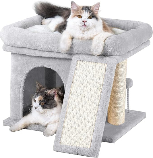 14in Cat Tree Tower with 20 * 16.5in Perch Bed and Washable Top for Large Adult Cats, Condo and Scratching Post for Indoor Kitten Pet, Light Gray