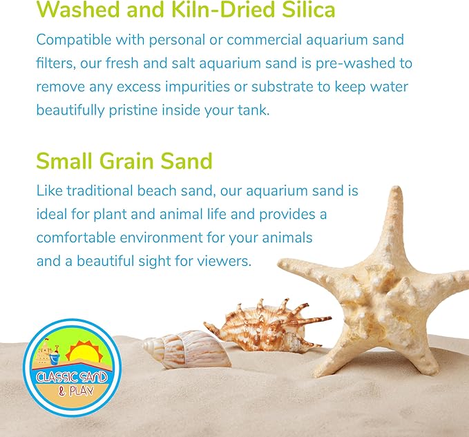 CLASSIC SAND & PLAY Natural Aquarium Sand for Freshwater and Saltwater Tanks, 20 lb. Bag, Improves Filter Life and Filtration Process, Pre-Washed Fine Sand, Blue