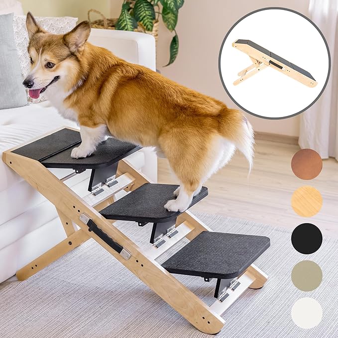 Dog Steps for Bed & Couch 2-in-1 Dog Stairs/Ramp - Height Adjustable Dog Ramp for Couch 7” - 20” - Pet Stairs, Dog Stairs for Small Dogs - Easy to Move Pet Steps with Landing Platform, Natural