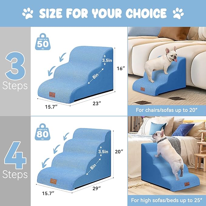 Dog Ramp and Stair for Bed 16" H-20 H,3-Step Cat Stair for Sofa and Chair,4-Step Dog Ramp for High Bed and Window,Durable Nonslip Fabric Cover for Indoor (Blue-20“H, Pet Friendly, 4)