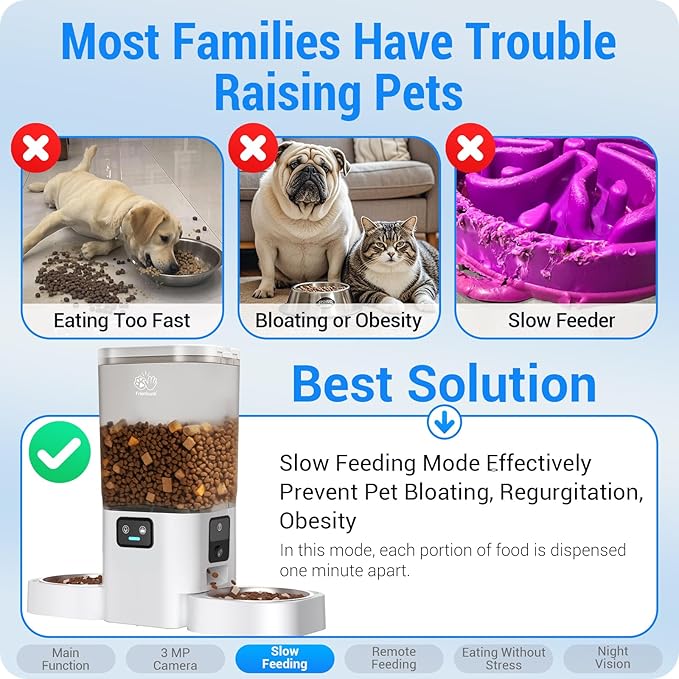 Automatic Cat Feeder with Two HD Camera for 2 Cats: 5G WiFi Automatic Dog Feeder with Night Vision & Slow Feed, 7L Auto Cat Food Dispenser for Multiple Pet, Detachable for Cleaning - 29 Cup