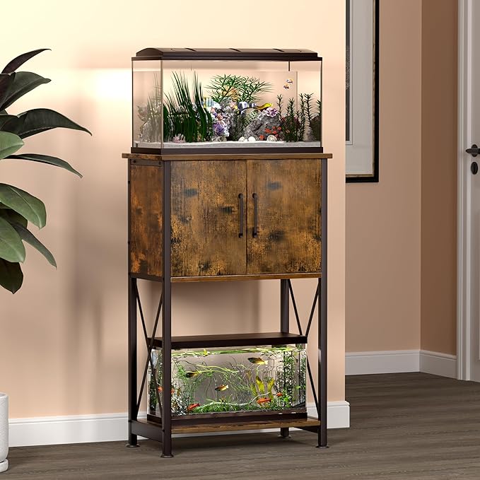 5-10 Gallon Fish Tank Stand, Metal Double Aquarium Stand with Cabinet for Fish Tank Accessories Storage, Heavy Duty 20.5" L* 11.02" W Tabletop, 500LBS Capacity Rustic Brown and Black PG06YGN