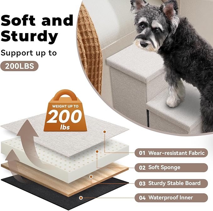 Dog Stairs with Storage 18" H, 3-Step Wider Dog Steps for Small/Medium/Large Old Dogs Cats, Folding Sturdy Pet Stairs Climbing Bed or Couch, Ramp for Car Up to 200 lbs (Beige, No Condo)