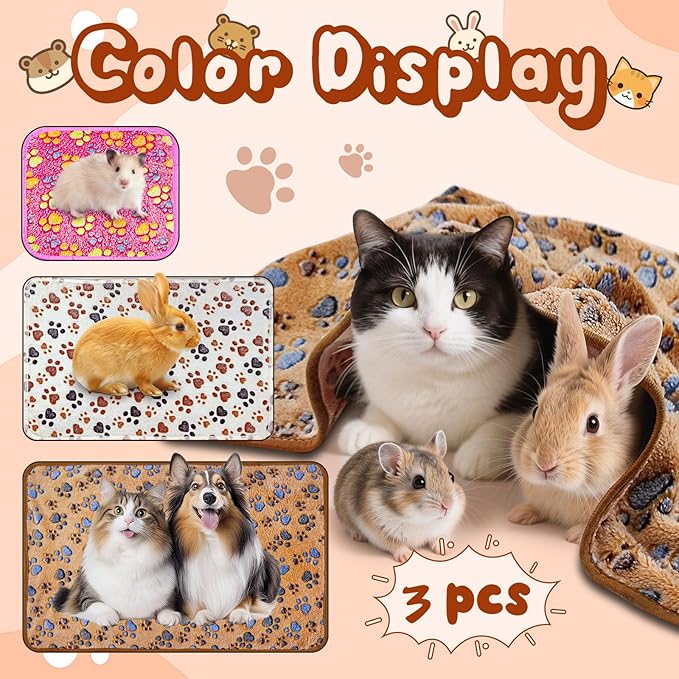 3 Pcs Washable Guinea Pig Blankets Absorbent Small Animal Fleece Bedding Cage Liners Reusable Pet Pee Pad Sleep Mat Pad Cover for Hamster Ferret Rabbit Chinchilla Hedgehog (Multi, Muitisize)