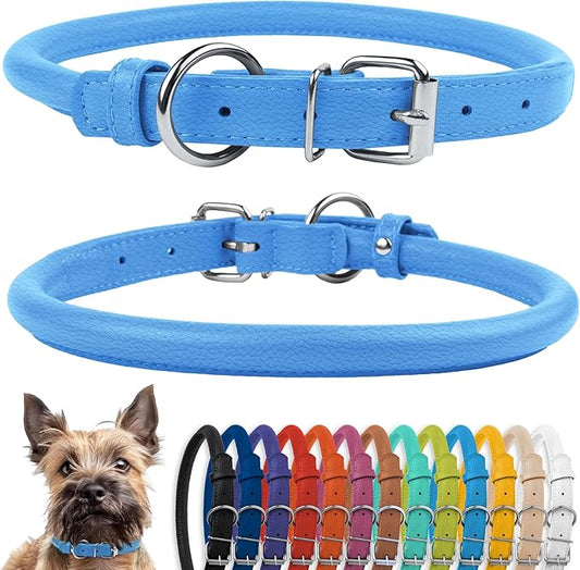 CollarDirect Rolled Leather Dog Collar, Soft Padded Round Puppy Collar, Handmade Genuine Leather Collar Dog Small Large Cat Collars 13 Colors (6-7 Inch, Light Blue Textured)