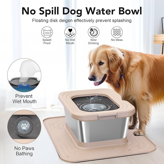 Decflow 10L Stainless Steel Dog Water Bowl, No Spill Anti-Splash Dog Bowls with XXL Silicone Mat, Spill-Proof Slow Feeder for Messy Drinkers, Heavy Duty Pet Bowls Indoor/Outdoor Use