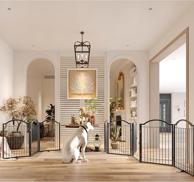 BHG Metal No-Assembly Freestanding Dog Gate with Door Walk Through, Extra Wide 120", Extra Tall 32" Pet Gate, Accordion Puppy Folding Playpen Dog Fence, with 2PCS Support (Black, 5 Panels)