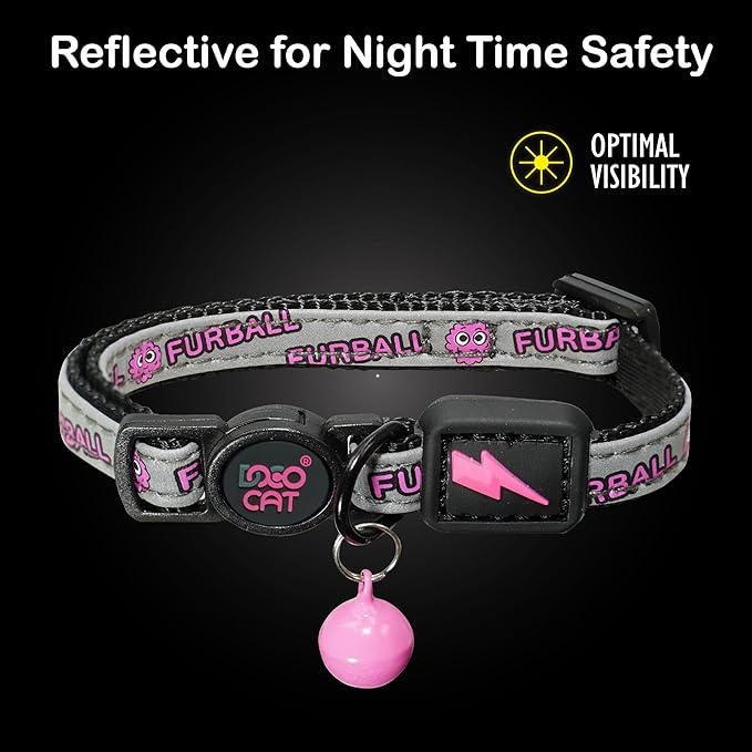 DOCO Cat Collar (Neck Girth - 3/8" x 7.5-12", Weight Upto - 13lb) Reflective Cat Collar with Bell, Breakaway Safety Buckle, Adjustable Nylon Strap for Kittens & Adult Cats (Pink)