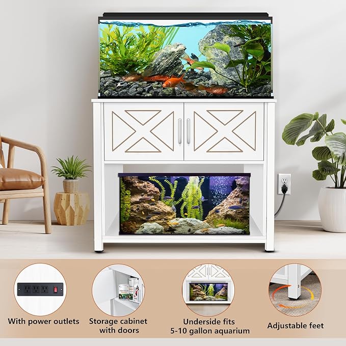 40 Gallon Tank Stand with Cabinet and Power Outlets, Heavy Duty Metal Aquarium Stand for 40-50 Gallon Breeder Tank, Turtle Tank, Double Terrarium Stand, 660LBS Capacity, White