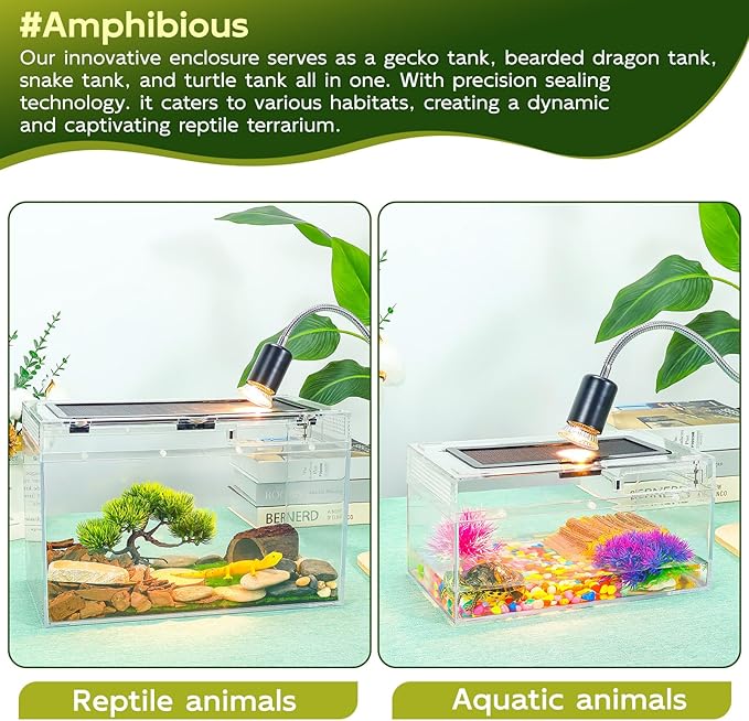 16×10×8'' Reptile Tank Kit with Heat Lamp, Spray Bottle, Shovel, Tweezers, Food Bowl, Hideout -Perfect for Geckos, Bearded Dragons, Snakes, Lizards, Turtles 360° Viewing, PC Glass