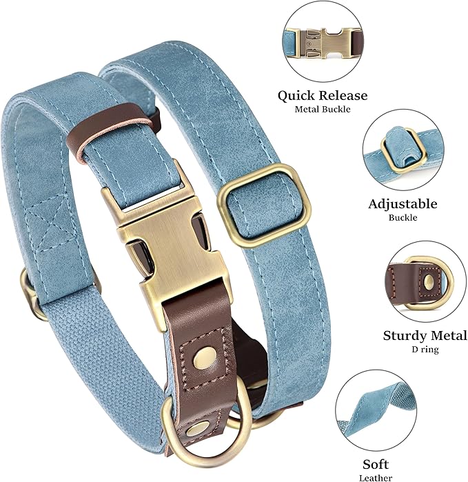 Didog Soft PU Leather Dog Collar for Large Dogs,Classic Adjustable Dog Collars with Quick Release Metal Buckle,Easy Clean and Comfortable with Nylon Lining,Denim Blue,L Neck 15-23"
