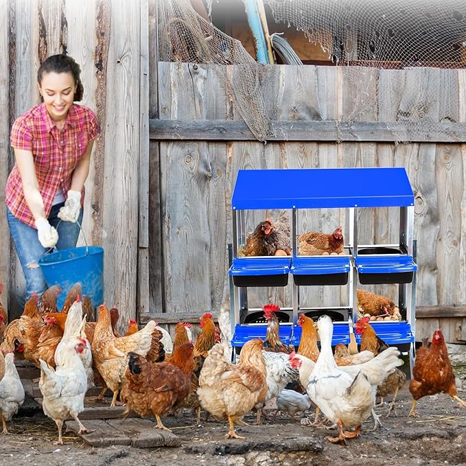 Chicken Nesting Boxes, 6 Hole Metal Chicken Laying Box with with Removable Trays and Roll Out Egg Collection for Chicken Coop, with Metal Bracket, Blue