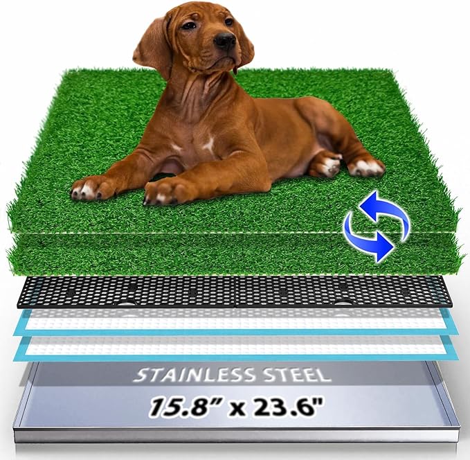 Dog Grass Pad with Tray, Stainless Steel Odor-Resistand Indoor Outdoor Potty System, Durable Alternative to Plastic with Artificial Grass for Dogs Potty Training (Potty System Size -23.6"x 15.8")