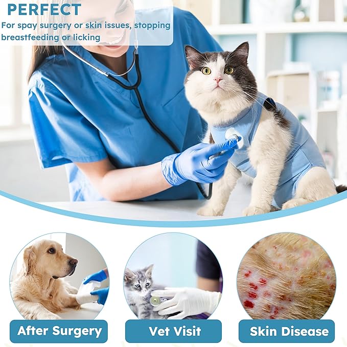 Cat Surgery Recovery Suit, Recovery Suit for Female Male Cats, Cat Onesie After Surgery Spay Neuter, Anti-Licking Kitten Surgical Clothes, Bodysuit for Abdominal Wounds Skin Disease Blue M