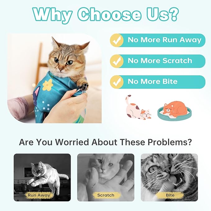 Cat Grooming Wrap, Cat Wrap for Cutting Nails, Self-Adherent Fabric Wrap for Cats, Cat Burrito Wrap Anti-Scratch, Anti-Escape, Multifunctional Swaddle Wrap Pet Tool 35.4×35.4"