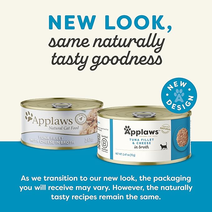 Applaws Wet Cat Food, 24 Count, Limited Ingredient Canned Wet Cat Food, Tuna Fillet with Cheese in Broth, 2.47oz Cans