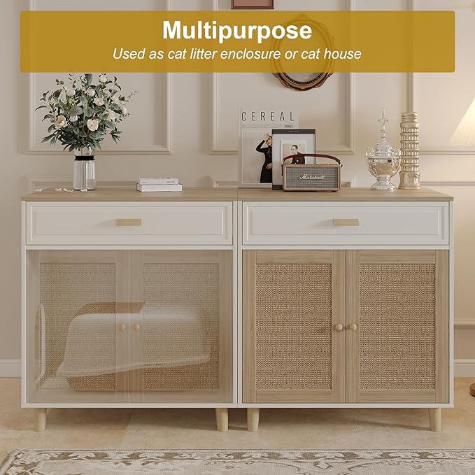 Cat Litter Box Enclosure Furniture Hidden - Indoor 2-in-1 Wooden Cat House & Washroom Cabinet with Scratching Board Doors and Drawer, 31.5”x21.6”x34.6”H