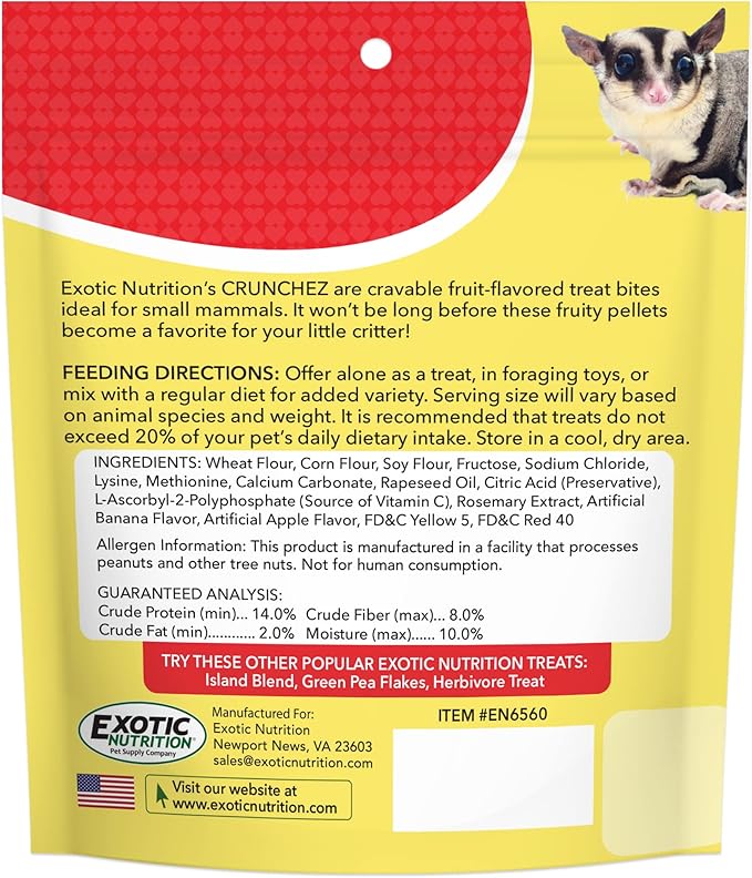 Crunchez Apple and Banana - Crunchy Fruit Flavored Treat Bites - Sugar Gliders, Squirrels, Marmosets, Prairie Dogs, Hamsters, Chinchillas, Exotic Birds, Rabbits, Guinea Pigs, Degus, Small Pets