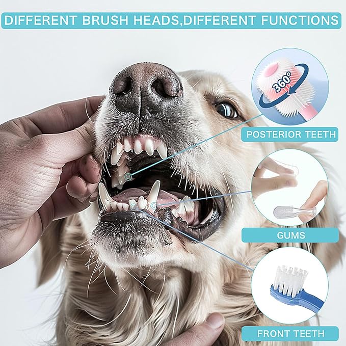 Dog Toothbrush, Finger Toothbrushes, 360 Degree Toothbrush, Triple Head Dog Toothbrushes, Double Head Toothbrush,Cleaning Brushes for Dog Cat Oral Dental Health (Blue, L)
