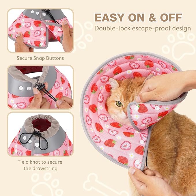 Avont Cat Cone Collar Soft to Stop Licking, Adjustable Foldable Lightweight Kitten Recovery Collar After Surgery for Small Dogs, Elizabeth Cone of Shame Alternative -Strawberry(L)