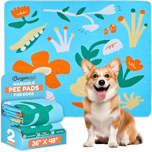 BurgeonNest Washable Pee Pads for Dogs, 2 Pack 36''x48'' Super Absorbent, Leakproof & Non-Slip Reusable Potty Pads for Puppy Playpen, Crate, Whelping Box, Potty Training, Blue