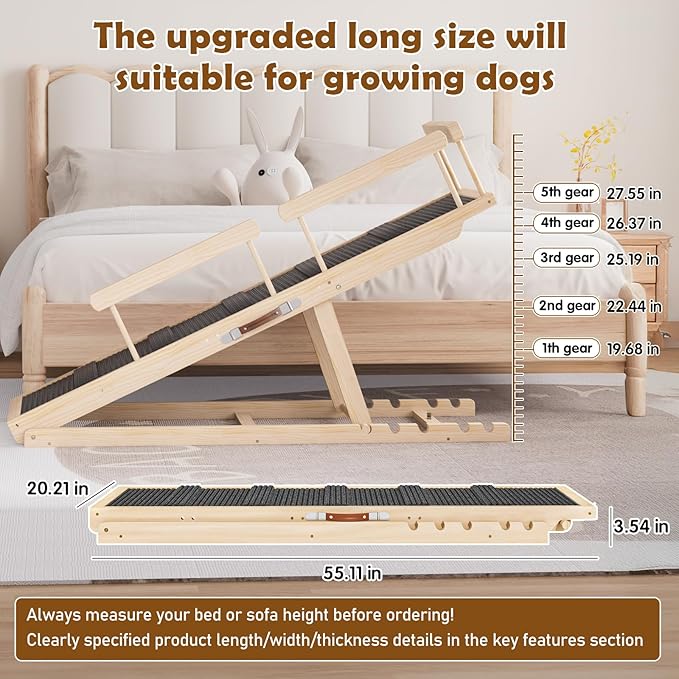Dog Ramp for Couch, Bed or Car, Wooden 55" Long Pet Stairs for Small & Large Old Dogs & Cats, Hold up to 250lb, 6 Adjustable Height from 19.68" to 27.55" Portable Doggie Steps, Excellent Traction
