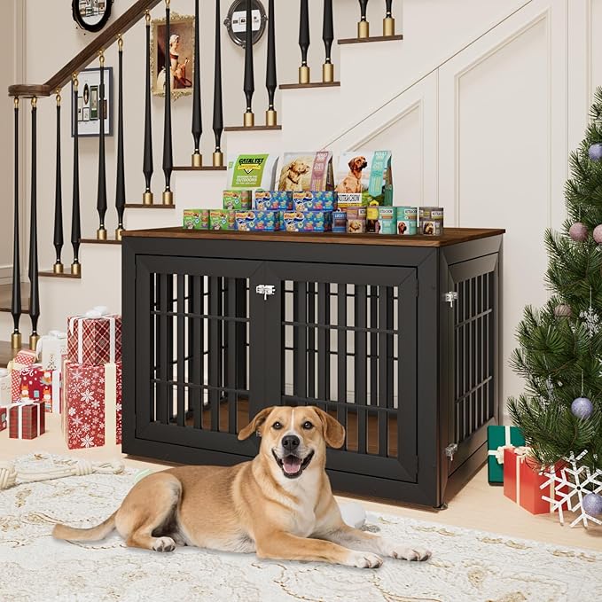 48" Heavy Duty Dog Crate Furniture for Small,Medium and Large Dogs,Rustic Wooden Dog Cage Kennel Indoor Furniture with Waterproof Top,Decorative Pet House Side End Table (Black & Wood)