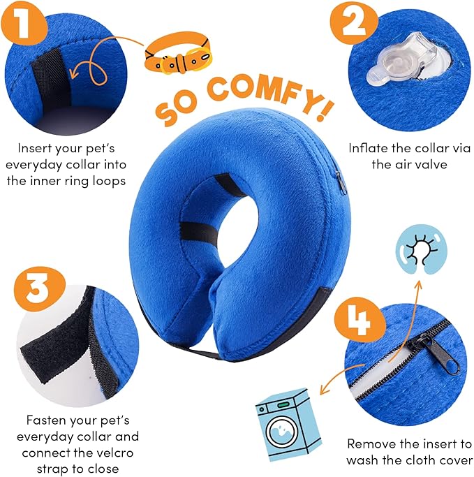 BENCMATE Inflatable Dog Cone Collar Alternative, Soft Dog Cone for Small Medium Large Dogs and Cats, Neck Recovery ECollar Donut Collar After Surgery (Large+, Blue)