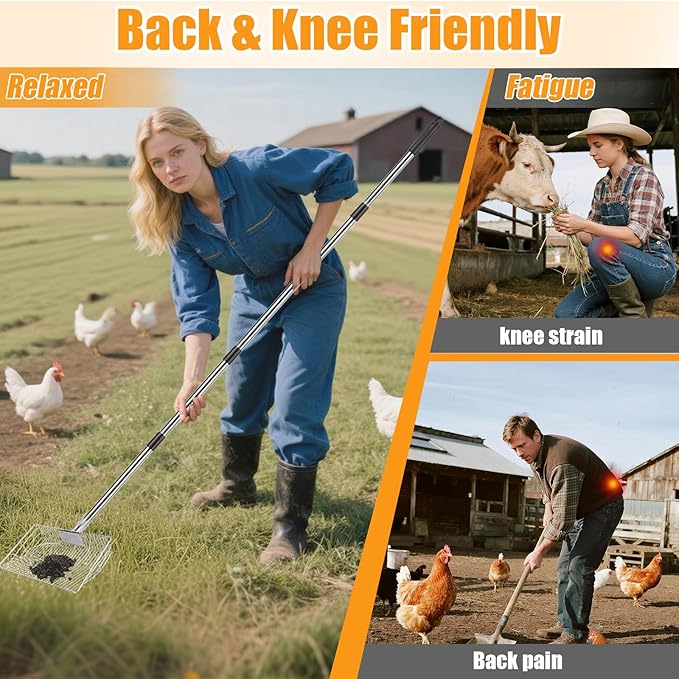 Chicken Poop Scooper with Stainless Steel Handle,24" to 68" Adjustable Length Chicken Coop Litter Scoop,4 in 1 Multifunctional Heavy Duty Litter Sifting Shovel Chicken Coop Accessories