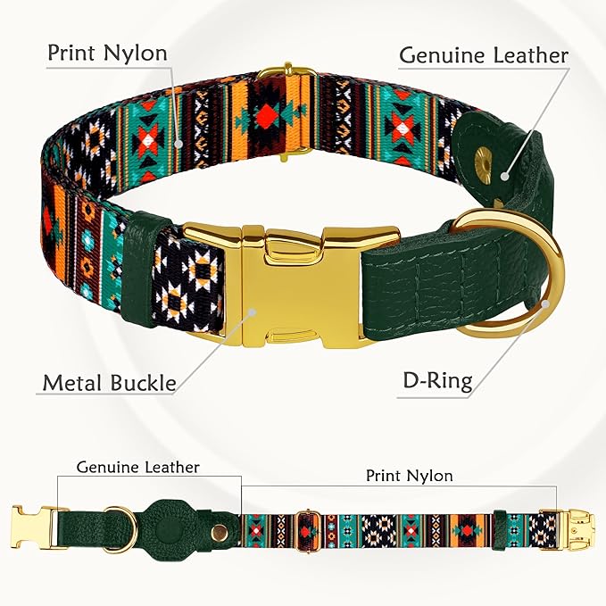 AirTag Dog Collar for Small Medium Large Breed - Adjustable Cute Pattern Dog Collar with Airtag Holder - Soft Leather Tracker GPS Apple Air Tag Pet Collars (Small, 12"-15" Neck Fit, Tribal)