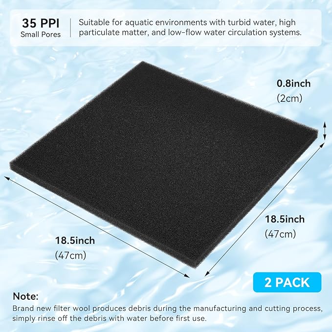 Aquarium Filter Sponge Pad, Filter Media Foam Sponges, Filter Accessories for Fish Tanks and Ponds (18.5"x18.5"x0.8", 35PPI, 2 Pack)