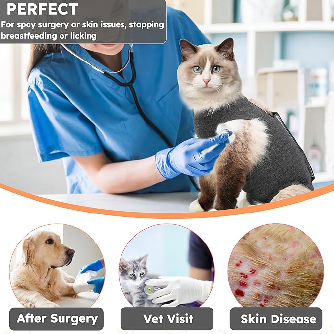 Cat Recovery Suit for Spay Abdominal Wounds, Kitten Onesie Bodysuit for Cats After Surgery, Cat Surgery Recovery Suit Female Cone of Shame Alternative for Cats Anti Licking (Dark Grey,S)