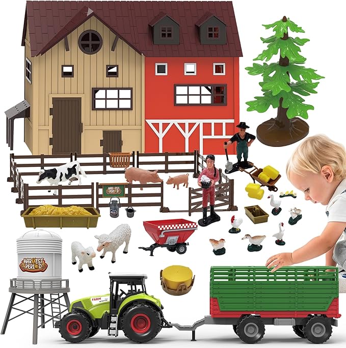 109PCS Farm Animals Toys Set Comes with Barn, Rice Storehouse, Rice Trolley, Milking shed, Farmer, Fence - Playset for Kids Toddlers Boys Girls 5+ Years Old