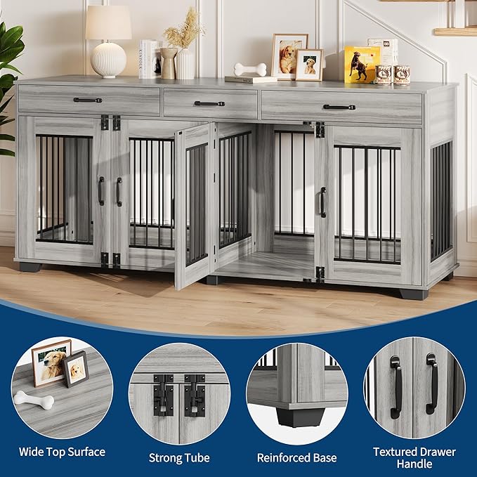 71 Inch Dog Crate Furniture for 2 Rooms, Wooden Double Crate Large Breed with Door, Dog Kennel Indoor, TV Stand End Table with Divider for Large Medium Dogs,Grey