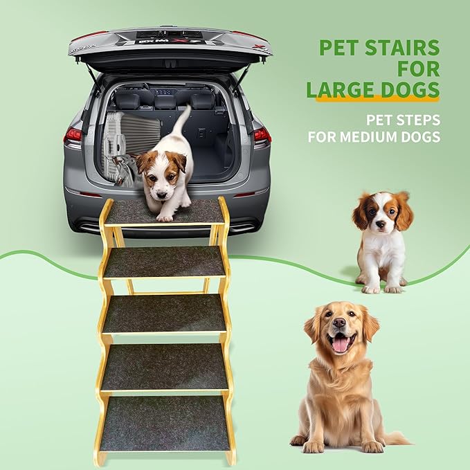 Dog Steps for Bed,24 Inches 5 Step Dog Stairs for Senior Pets to Get On 30 Inches High Beds/Car,Made of Bamboo Can Support Large Dogs Weighing Up to 160 LB