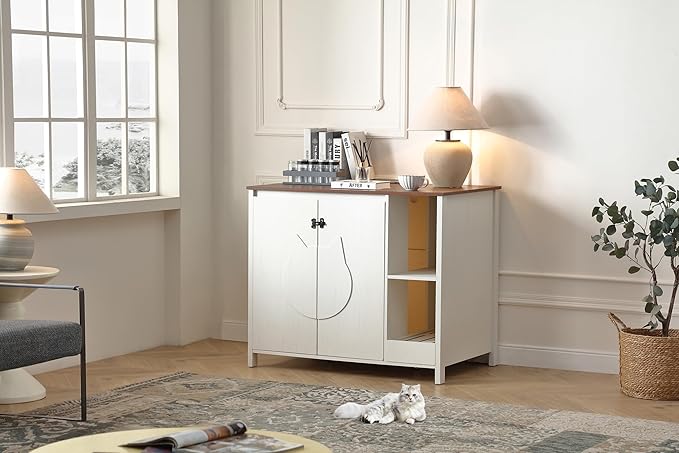 Cat-Faced Doors Cat Litter Robot Enclosure,Automatic Litter Box Enclosure for Litter Robot 3/4,Power Outlet for cat Litter Cabinet,Litter Collector,Dog-Proof Shelf,Antique White