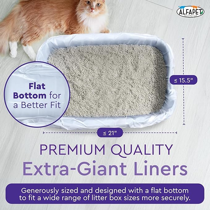 Alfapet Heavy Duty Flat Bottom Cat Litter Box Liners - Extra Giant 15 Count - Tear-Resistant Cat Litter Bags - Kitty Litter Liners for Rectangular Litterbox Pans, 36” x 18” x 2MIL Thick 30 lb Capacity