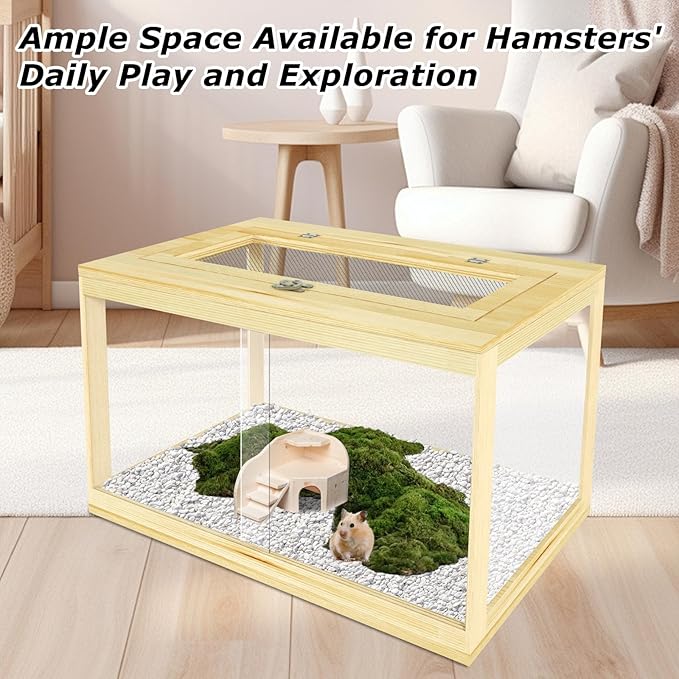 24" Hamster Cage, Lockable Sliding Door Gerbil Cage, Dwarf Hamster Cage with Metal Mesh Roof, Mice and Small Animal Habitat, Chewproof Syrian Hamster Enclosure, (Wooden, 24" L x 16" W x 16" H)