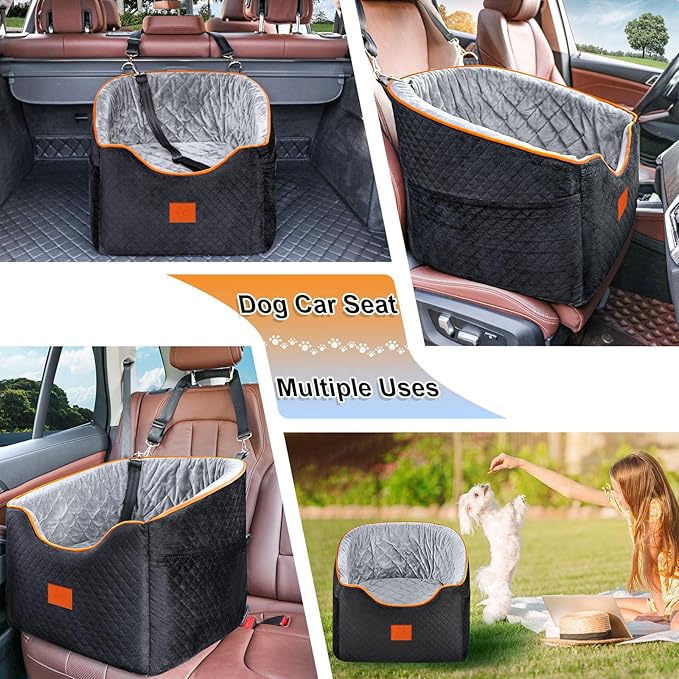 Dog Car Seat for Small Dogs, Memory Foam Booster Dog Seat for Dogs up to 35 lbs, Elevated Pet Car Seat with Washable Removable Cover, Storage Pockets(Black/Gray)