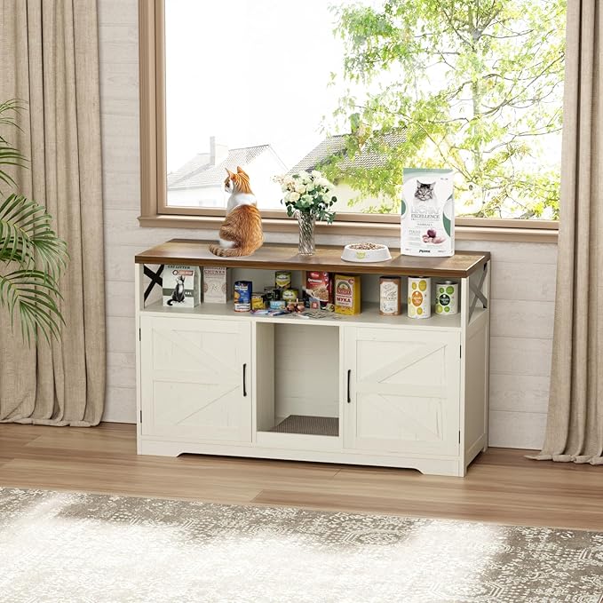 Cat Litter Box Enclosure for 2 Cats, 47" Double Hidden Litter Box Furniture with Scratch Pad, Farmhouse Indoor Litter Box Cabinet Cat Washroom, White