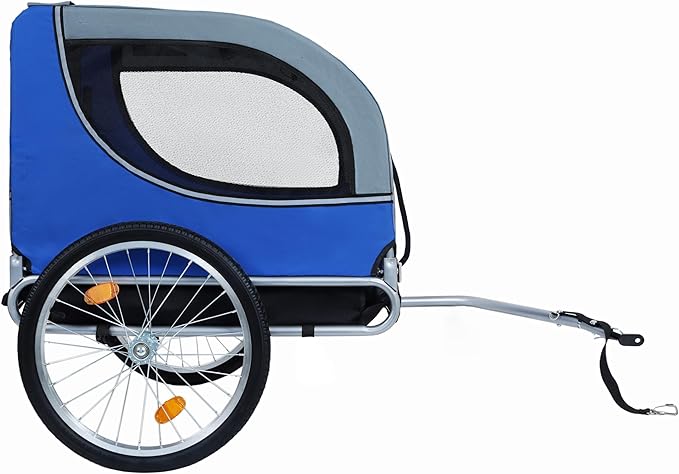 Blue-Grey Large Folding Bike Trailer for Dogs – Heavy-Duty Steel Frame, 66LB Capacity Pet Carrier for All-Terrain Cycling, Jogging & Camping Adventures!