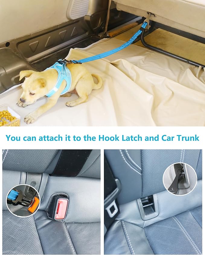 AUBELL Dog Seat Belt for Car,Updated 3-in-1 Adjustable Reflective Bungee Heavy Duty Dog Car Harness Tether with Clip Hook Latch & Buckle,Swivel Zinc Alloy Carabiner,Blue