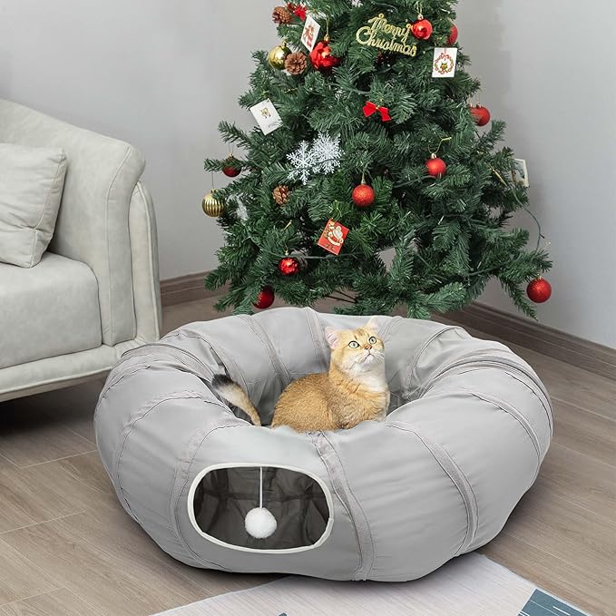 AUOON Cat Play Tunnel - Round Cat Tunnel with Bed | Interactive Cat Toys for Indoor Cats Kitten Kitty Puppy Rabbit Ferret (Light Grey)