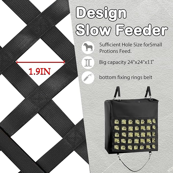 1Pcs Hay Bag for Horse,1200D Oxford Fabric Slow Feed Bags with Front Hay Nets Design and Heavy Duty Zipper Large Top Load Feeding Bag for Horses and Livestock,Black