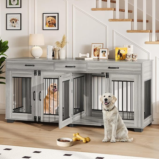 71 Inch Dog Crate Furniture for 2 Rooms, Wooden Double Crate Large Breed with Door, Dog Kennel Indoor, TV Stand End Table with Divider for Large Medium Dogs,Grey